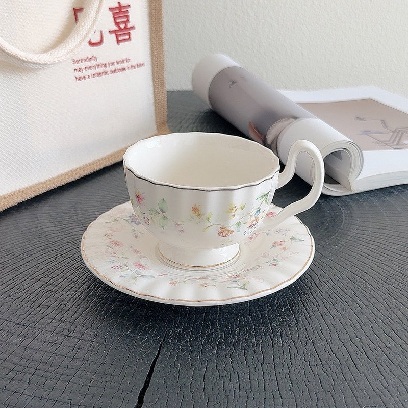 Coffee Tea Drawing - Gold-drawing Floral Print Coffee Cup Dish