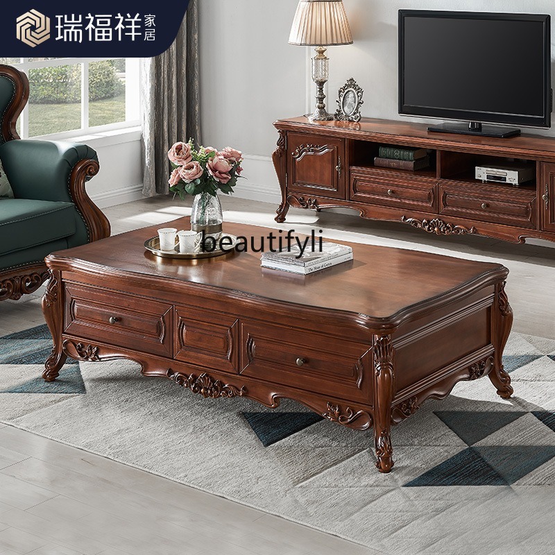 Coffee Tea Drawing - All solid wood coffee table American