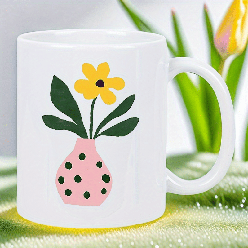 Morning Tea Coffee - Ceramic Mug with Cute Pink Vase